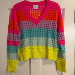 Brodie Cashmere Neon Pink, Orange, Lilac & Aqua Striped V-Neck Sweater